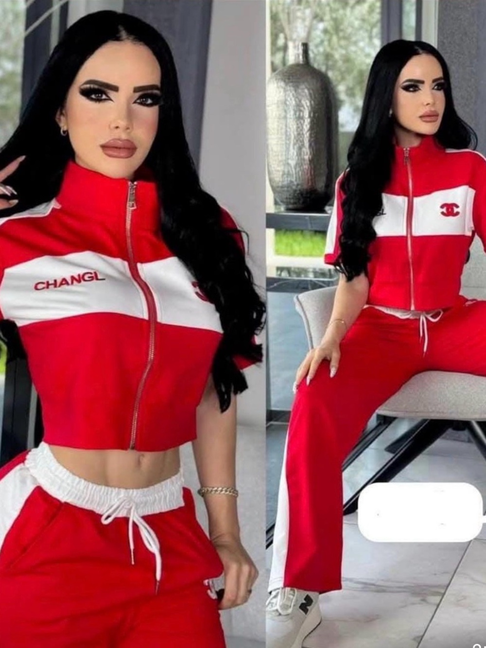 Red & White Zip-Front Track Pants Set size S